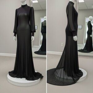Black Sheer Mesh Maxi Dress Whimsigoth Mermaid Puddle Hem Mock Neck Gown M 6